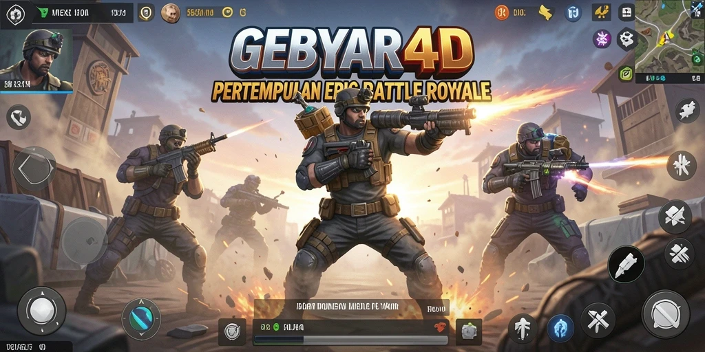 Screenshot GEBYAR4D menampilkan aksi pertempuran seru Battle Royale.