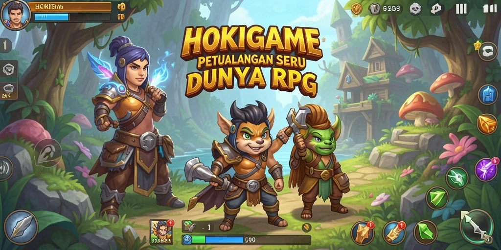 Tampilan gameplay seru HOKIGAME dengan pertarungan RPG yang dinamis.