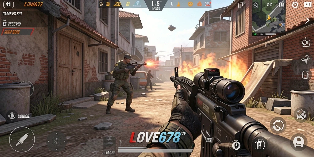 Tangkapan layar menunjukkan aksi intens di LOVE678 dengan grafis FPS yang menakjubkan.