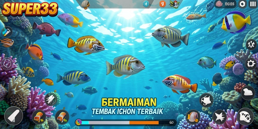 Tampilan gameplay seru dari SUPER33 dengan berbagai ikan menunggu untuk ditangkap.